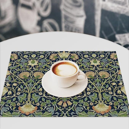 William Morris Flower Placemats Set of 6, Vintage Botanical Plant Place Mats, Heat Resistant Non Slip Cotton Linen Dining Table Mats for Home Kitchen Party 18x12 Inch