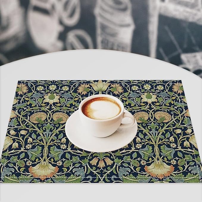 William Morris Flower Placemats Set of 4, Vintage Botanical Plant Place Mats, Heat Resistant Non Slip Cotton Linen Dining Table Mats for Home Kitchen Party 18x12 Inch