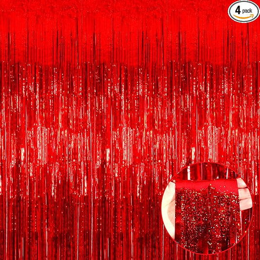 4 Pack Red Tinsel Foil Fringe Curtain Backdrop, 3.28Ft x 8.2Ft Metallic Streamers for Photo Booth Props Wedding Bridal Shower Bachelorette Birthday Halloween Christmas Party Decoration