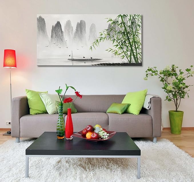 Winpeak Art Traditional Chinese Painting Black and White Landscape Canvas Wall Art Bamboo Artwork