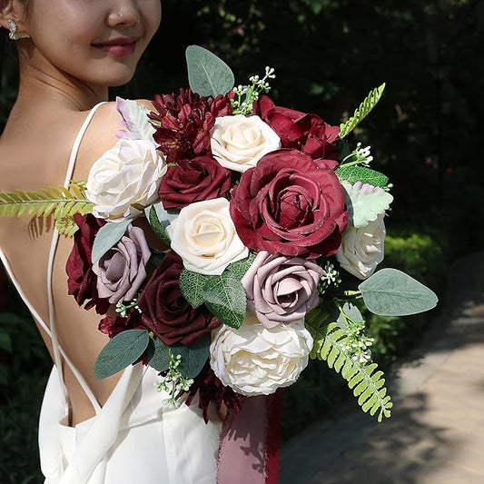 ponatia Burgundy Artificial Flowers, Wedding Flowers Combo for DIY Wedding Bouquets Centerpieces Arrangements Party Baby Shower Home Decorations (Dusty Rose & Cream)