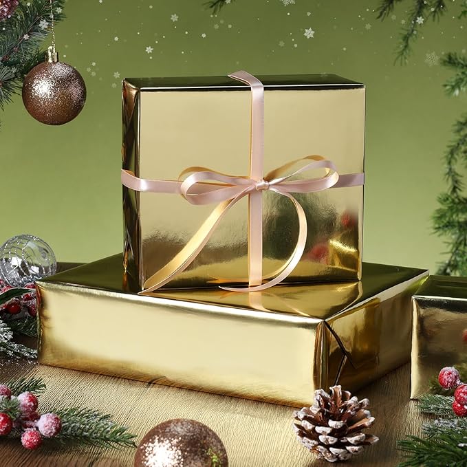 LaRibbons Golden Metallic Wrapping Paper, 17 Inch X 33 Feet Premium Foil Gift Wrap for Christmas, Holiday, Wedding, Birthday & Celebration Gifts