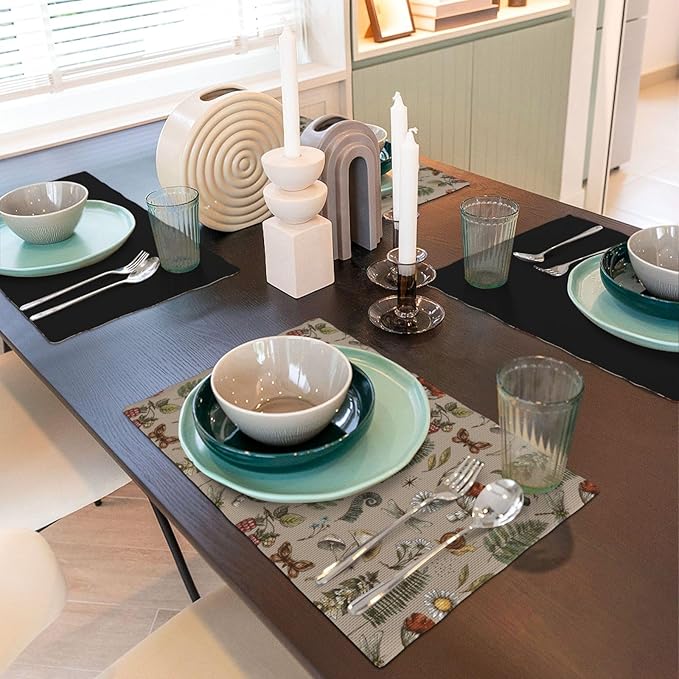 Mushroom Placemats Set of 6,Vintage Gothic Mushroom Fern Kitchen Place Mats Linen 12x18 Inch,Brown 6 PCS, Style-6