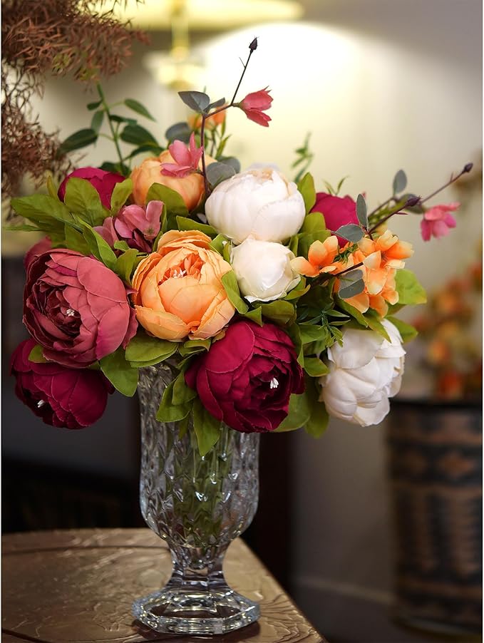 Barley White, Faded Orange & Pinkish Red Silk Peony and Hydrangea Bouquet with 2 Elegant Gold Taper Candle Holders – Luxurious Floral Arrangement for Weddings & Home Decor (Sunset Whisper)