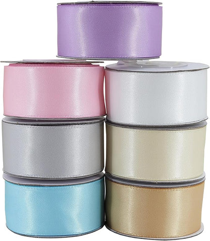 7 Colors Total 35 Yard Satin Ribbon Assortment - 1 Inch Wide 5 Yard/Roll Gentle Light Color Set Double Face Fabric Ribbon - Perfect for Gift Wrapping Crafts Party Wedding Birthday Decoratio