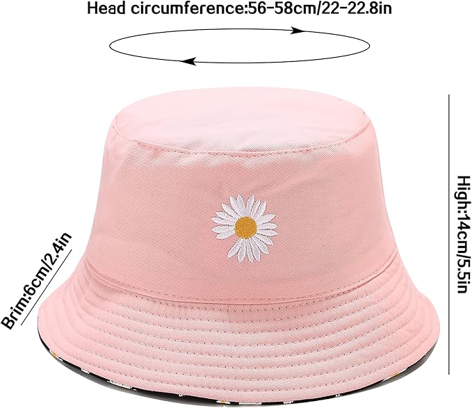 Flower Reversible Bucket Hat Cotton Summer Travel Beach Sun Hats Emboridery for Women Men