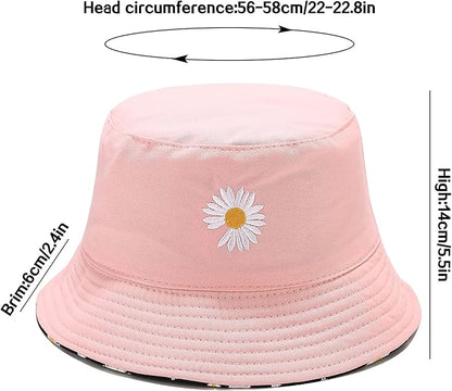 Flower Reversible Bucket Hat Cotton Summer Travel Beach Sun Hats Emboridery for Women Men