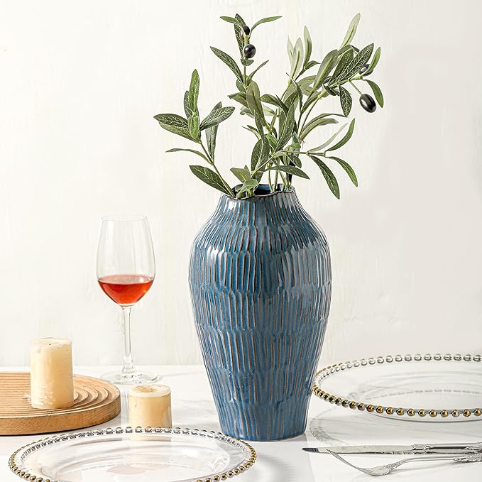Blue Ceramic Vase for Home Decor,11.6 Inch Flower Vase，Decorative Vases for Pampas Grass，Modern Art Texture Vases for Home Entryway Living Room Dining Table Farmhouse Office Decor-Blue