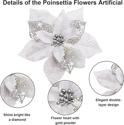 24 Pcs Christmas Poinsettia Flowers Artificial with Clips, 5.9" Christmas Decor Glitter Poinsettia Flowers for Christmas Tree New Year Wedding Party Wreath DIY Garland Decor (Sliver)