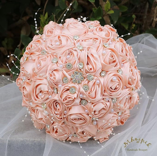 Bridal Wedding Bouquet Round Bling Brooch Bouquet Throw Toss Artificial Rose Flower Bunch for Bride Bridesmaid Wedding Quinceanera(Peach Pink, 8.7")