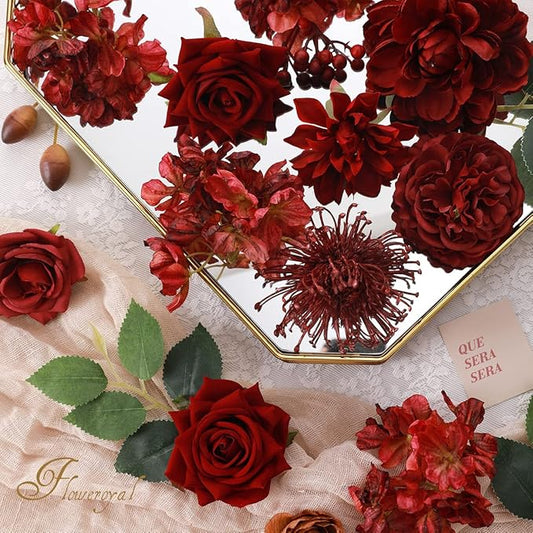 Floweroyal Artificial Flowers Combo Burgundy Flowers Mix Silk Flowers Dahlia Roses with Stems for DIY Wedding Bridal Bouquets, Baby Shower, Floral Arrangement, Table Centerpieces, Home Decorations.