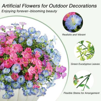 12PCS Artificial Flowers for Outdoor Decorations, Realistic Faux Silk Petunia Flowers for Outside, Fake Plants Morning Glory with Eucalyptus Porch Patio Planters Window Boxes Decor