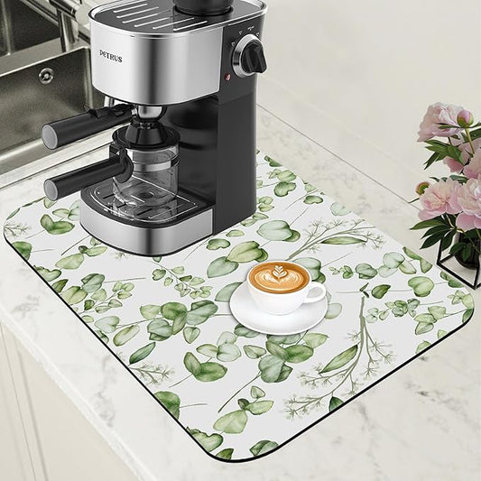 Eucalyptus Leaves Dish Drying Mat for Kitchen Counter Bar Mat Hide Stain Absorbent Rubber Backed Coffee Mat Coffee Maker Espresso Machine Accessories 11.8 x 19.7 Inch