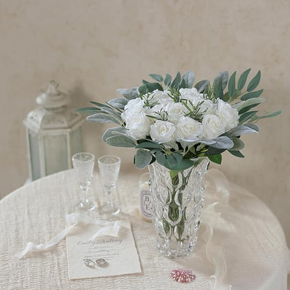 FOTEEWL 60 Pcs Artificial Rose Flower Realistic Faux Silk Roses Stem Fake Roses Bouquet for Flower Arrangement,Wedding Centerpieces,Party,Home Decorations (White)