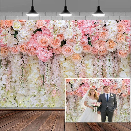 5x3ft Pink Rose Flower Wedding Photography Backdrop Spring Floral Photography Backdrop Valentine's Day Mother's Day Girl Birthday Baby Shower Wedding Bridal Party Banner Photo Booth Props Background