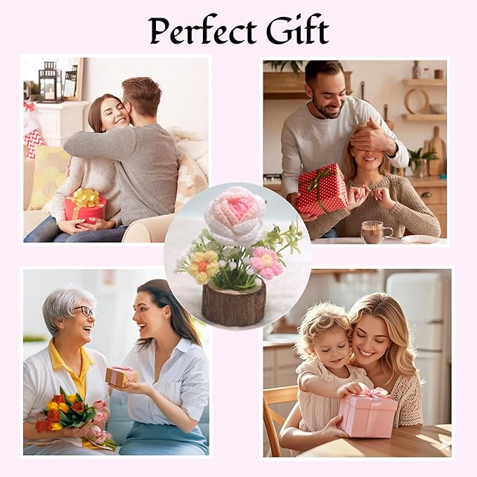 Handmade Crochet Rose Bouquet Knitted Creative Potted Plant Cute Home Desktop Decorations and Gifts for Friends, Lovers, Classmates (Pink Roses)