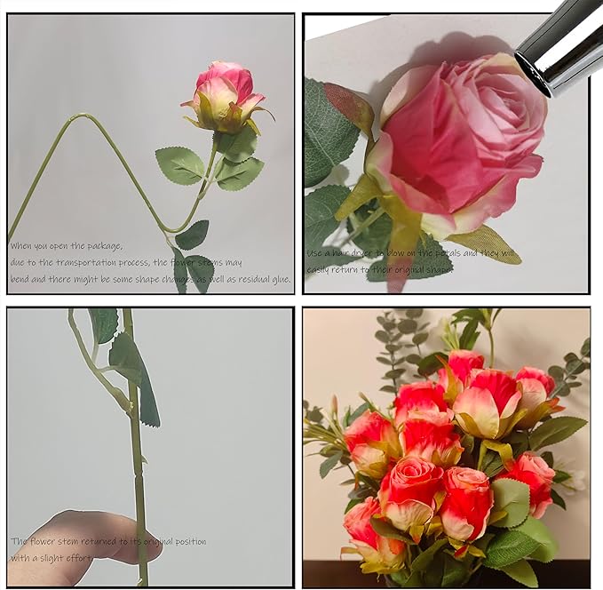 Artificial Roses 10 Pcs - Lifelike Single Stem Fake Roses with Natural Petal Texture,Fade-Resistant Silk Flowers for Wedding Decor,Home Vase Arrangements,Party Centerpieces(10, Deep Pink)
