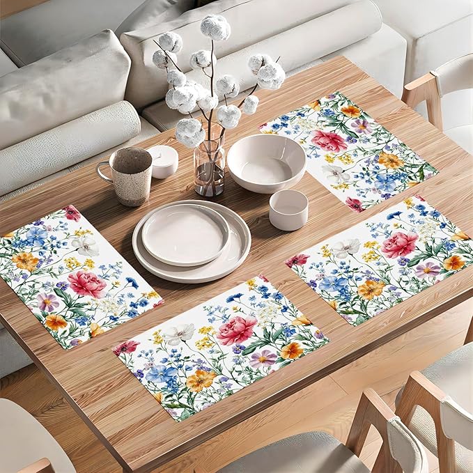 Poppy Floral Placemats Set of 6, Watercolor Wildflower Place Mats, Leaves Spring Dining Table Mats, Washable Flower Placemats for Kitchen Dining Room Home Decor 18L'' × 12W''