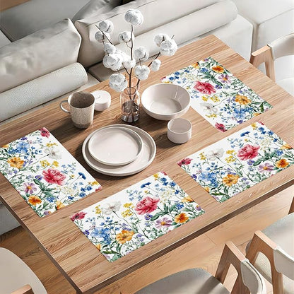 Poppy Floral Placemats Set of 6, Watercolor Wildflower Place Mats, Leaves Spring Dining Table Mats, Washable Flower Placemats for Kitchen Dining Room Home Decor 18L'' × 12W''