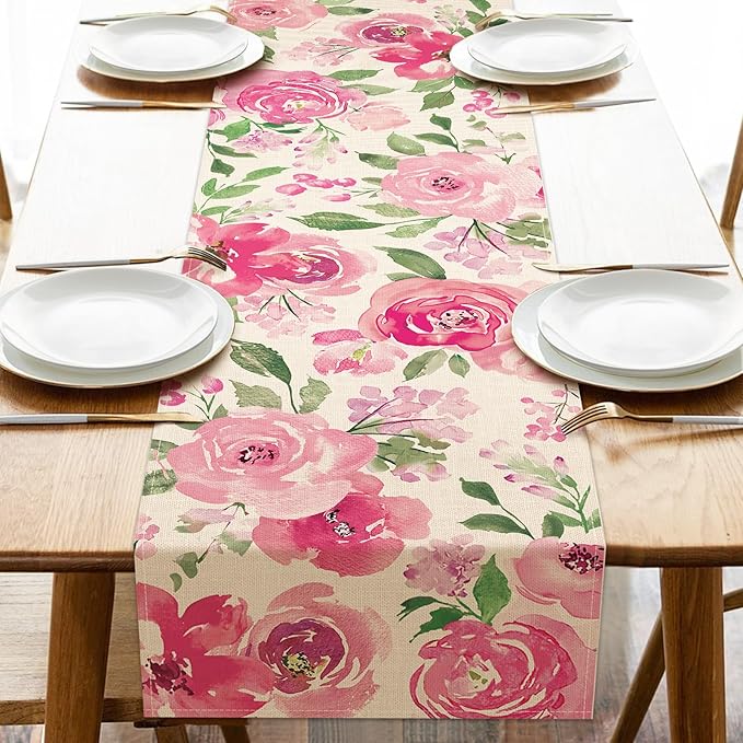 Seliem Spring Summer Watercolor Flower Table Runner, Pink Peony Floral Kitchen Dining Table Decor, Seasonal Burlap Home Decoration Indoor Outdoor Party Supply 13 x 36 Inches