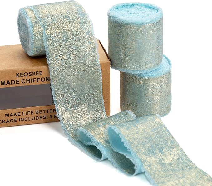 Light Blue Silk Chiffon Ribbon,Sky Blue Frayed Shimmery Silk Ribbon for Bridal Flower Bouquet Christmas Gift Wrapping Wedding Decor Invitations Decorations 1.5" x 15 Yards (5Yards X 3 Rolls)