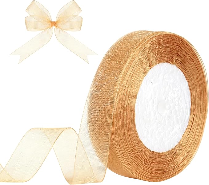 3/4 Inch x 50 Yards Sheer Organza Ribbon Chiffon Ribbon for Gift Wedding Flower Bouquet Wrapping Decorations Crafts (Gold)