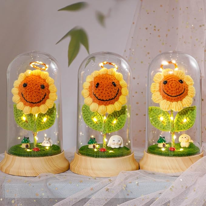 Levvohd Sunflower Gifts for Women, Sun Flower Birthday Gifts for Grandma, in Plastic Dome Sunflower, for Her Mom Mothers Day, Anniversary Christmas Valentine Gifts (C- White Rabbit)