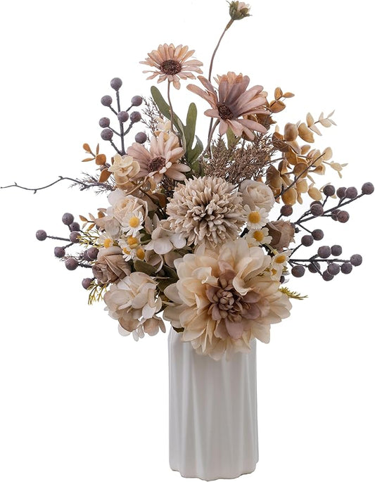 16-inch Artificial Fake Flowers Bouquet with Vase, Silk Table Arrangements Faux Plastic Floral Centerpieces for Home with Roses, Dandelions, Daisies, Hydrangea, Eucalyptus and Hollyberries