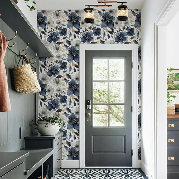 Floral Peel and Stick Wallpaper - Vintage Dark Blue/Gray Flower Boho Wallpaper - Removable, Renter Friendly - 17.71'x236.2'