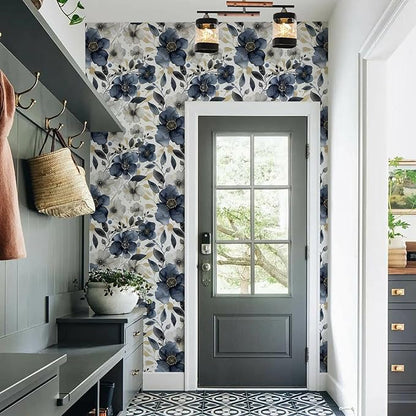 Floral Peel and Stick Wallpaper - Vintage Dark Blue/Gray Flower Boho Wallpaper - Removable, Renter Friendly - 17.71'x236.2'