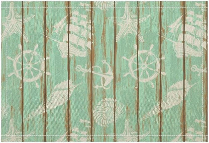 Nautical Theme Placemats Rustic Retro Wooden Board Anchor Starfish Shells Art Printed Dining Table Mats Set of 4 for Restaurant Home Kitchen Holiday Decor 12x18in