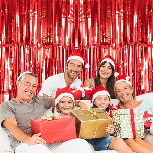 2 Pack Red Metallic Tinsel Foil Fringe Curtain, 3.2Ft x 8.2Ft Tinsel Curtain Party Photo Backdrop Streamers for Door Wall Window Curtains Background Birthday Christmas Valentines Day Decorations