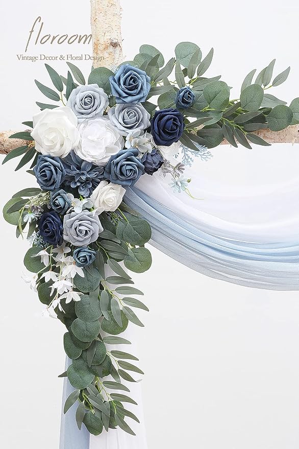 Floroom Arch Flowers with Drapes Kit (Pack of 4) - 2pcs Artificial Dusty Blue & Navy Blue Floral Swag Arrangement with 2pcs Draping Fabric for Wedding Ceremony Arbor and Reception Backdrop Decoration