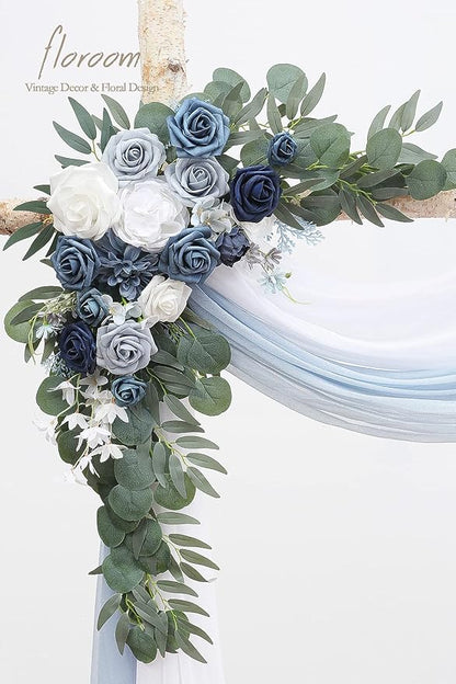 Floroom Arch Flowers with Drapes Kit (Pack of 4) - 2pcs Artificial Dusty Blue & Navy Blue Floral Swag Arrangement with 2pcs Draping Fabric for Wedding Ceremony Arbor and Reception Backdrop Decoration