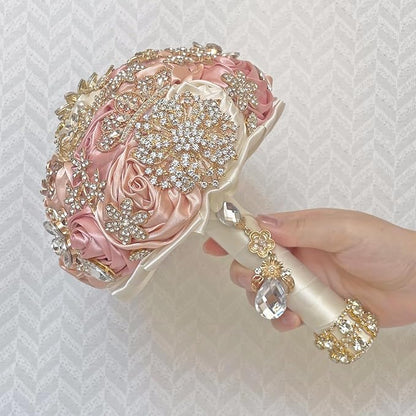 Handmade Satin Rose Floral Bling Pearl Decor Bridal Wedding Bouquet Rhinestone Pendant Artificial Brooch Flowers for Bride Bridesmaid Quinceanera