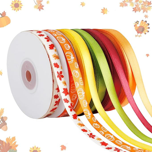 6 Rolls 150 Yards Thanksgiving Fall Ribbons Harvest Ribbons for Craft Wrapping Pumpkin Maple Leaf Autumn Grosgrain Ribbon for Wreath Bows Decoration 3/8 Inch(Maple)