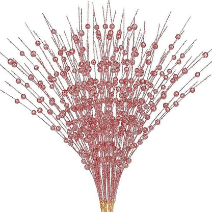 Artificial Glitter Berry Stem Decorations, Fake Bead Sticks Pick 17 Inch Stems for Halloween Christmas Ornaments Glittery Twigs Xmas Tree Wreath Vase Filler Home Decor - Champagne Pink 10 Pack