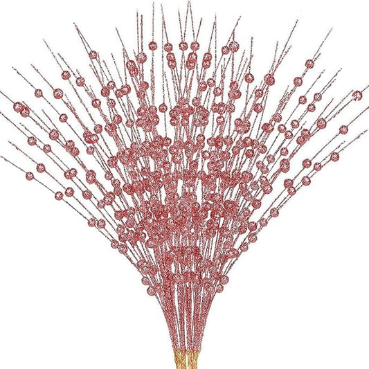 Artificial Glitter Berry Stem Decorations, Fake Bead Sticks Pick 17 Inch Stems for Halloween Christmas Ornaments Glittery Twigs Xmas Tree Wreath Vase Filler Home Decor - Champagne Pink 10 Pack