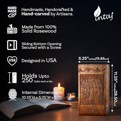 INTAJ Handcarved Wooden Cremation Urn for Human Ashes - Tree of Life Design, 250 lbs Capacity, Suitable for Adult Men and Women - Decorative Funeral Urn Box and Casket