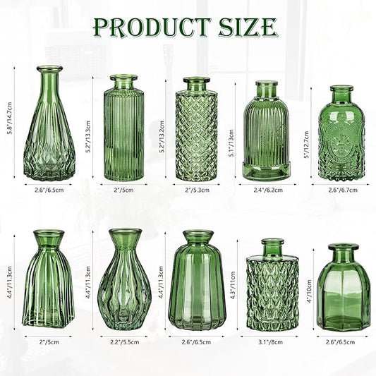 Glass Bud Vases Set of 10, Peacock Green Small Flower Vase in Bulk for Centerpieces, Mini Vintage Vases for Rustic Wedding Vintage Home Table Decor