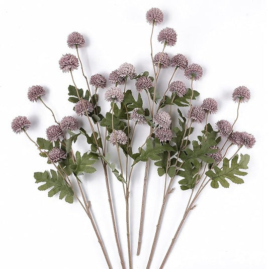 mizii 6Pcs Fake Silk Pompon Mum Artificial Flowers Bulk Small Faux Chrysanthemums with Stems Realistic Floral Decorations for Wedding DIY Bouquet Centerpieces Shower Vase Home Decor (Gray Purple)
