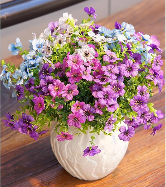 Artificial Flowers for Outdoor Indoor Garden Home Decoration, Faux Flower Daisy with Eucalyptus Leaves Fake Plants Greenery Boxwood Porch Patio, 10 Bundles (Purple-Blue)