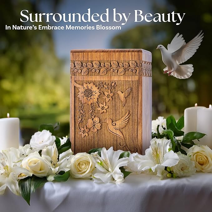 INTAJ Handcarved Rosewood Hummingbird Urn for Human Ashes Adult Male Female - Floral Carving 180 lbs Capacity - Wooden Cremation Urn Box Suitable for Burial Funeral Decorative Memorial Casket