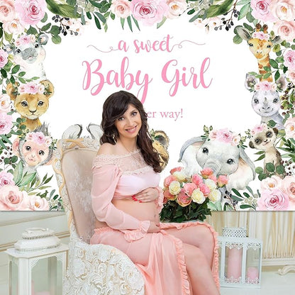 Mocsicka Girl Safari Baby Shower Backdrop Jungle Animals Sweet Baby Girl Background Pink Floral Greenery Baby Shower Party Cake Table Decoration Photo Booth Props (7x5ft)