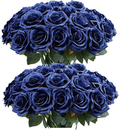 Artificial Rose Flower Navy Blue Flowers Navy Blue Roses Silk Flowers 50 pcs with Long Stem Silk Roses Bouquet for Wedding Bridal Shower Party Home Decoration