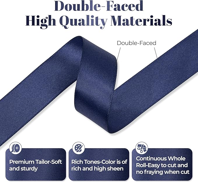 Navy Blue Satin Ribbon, Double Faced 7/8 Inch X 50 Yards, Premium Satin Ribbon for Gift Wrapping, Crafts, Hair Bow Making, Sewing, Flower Bouquet, Wedding Party Decor