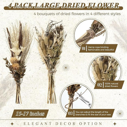 Layhit 4 Pack Large Size Boho Dried Flower Bouquet 15-17 Inch Wedding Handmade Dry Flowers for Vase Crafts DIY Photo Boutonniere for Men Floral Plant for Bridesmaid Gift Birthday Decor(Classic)