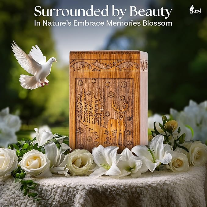INTAJ Handcarved Rosewood Deer Urn for Human Ashes Adult Male Female - 180 lbs Capacity Forest Scene Wooden Cremation Urn Box Suitable for Burial Funeral Decorative Wildlife Memorial Casket