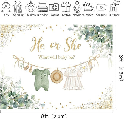 Riyidecor Green Gender Reveal Backdrop Polyester Fabric He or She What Will Baby Be 8Wx6H Feet Boho Watercolor Gold Dots Sage Eucalyptus Leaves Photography Background Baby Shower Photo Studio Shoot