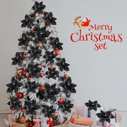 WILLBOND 24 Pcs 3 Size Poinsettia Flower Artificial Christmas Decor Glitter Poinsettia Christmas Ornaments Faux Flowers for Xmas Tree Outdoor(4/6/7.9 Inches,Black)